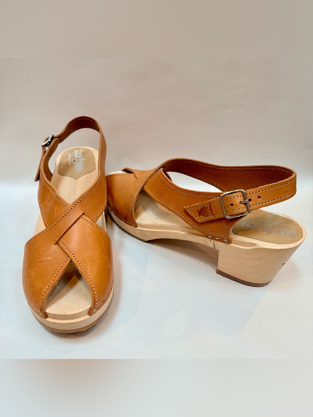 Sandgrens Morocco Crossed Clog Wooden Sandals Womens 42 Light Brown Sweden